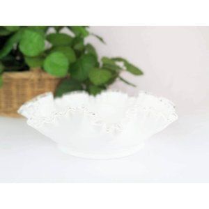 Vtg White Milk Glass Serving Bowl 11" Fenton Silver Crest Footed Double Crimped